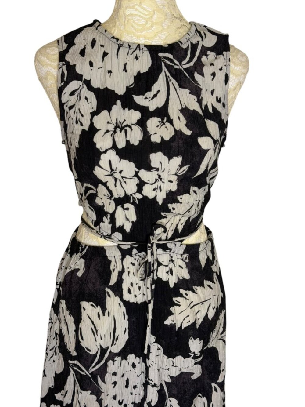 MNG Mango Willow Side Cut Out Maxi Dress Crinkle Floral Black Gray 4 - Picture 4 of 12